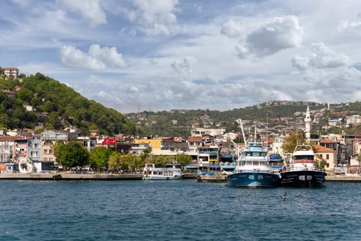 View from the sea of the green mountains of the Europian side of Bosphorus strait, with docked boats, traditional houses and dense trees in a summer day, Istanbul, Turkey