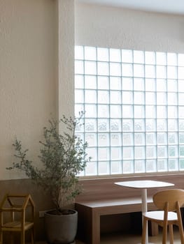 Minimal wooden style coffee shop decoration, stock photo