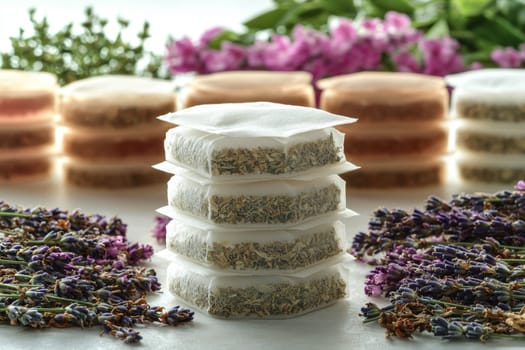 Stacks of aromatic herbal tea bags sit amid vibrant flowers, creating a tranquil atmosphere perfect for relaxation or tea time.