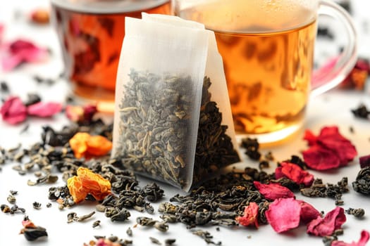 Pouring steaming tea into delicate cups, surrounded by a mix of fragrant petals and loose leaf tea creating a colorful display.