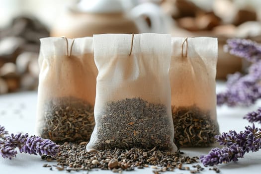Three delicate sachets with fragrant herbs mingle with scattered lavender flowers, creating a serene atmosphere.