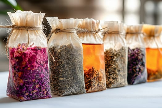A series of vibrant sachets filled with herbs and flowers showcase their rich colors, bringing warmth to the sunny season.