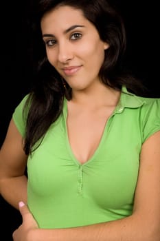 young beautiful brunette portrait against black background