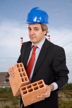 mature business man with two bricks