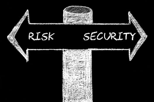 Opposite arrows with Risk versus Security. Hand drawing with chalk on blackboard. Choice conceptual image