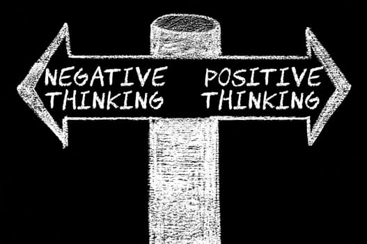 Opposite arrows with Negative versus Positive Thinking. Hand drawing with chalk on blackboard. Choice conceptual image