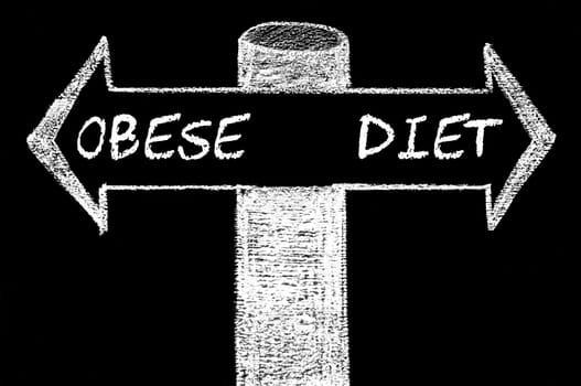 Opposite arrows with Obese versus Diet. Hand drawing with chalk on blackboard. Choice conceptual image