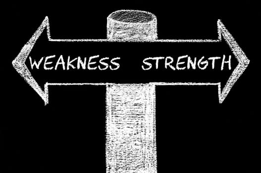 Opposite arrows with Weakness versus Strength. Hand drawing with chalk on blackboard. Choice conceptual image