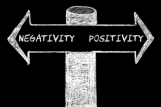 Opposite arrows with Negativity versus Positivity. Hand drawing with chalk on blackboard. Choice conceptual image