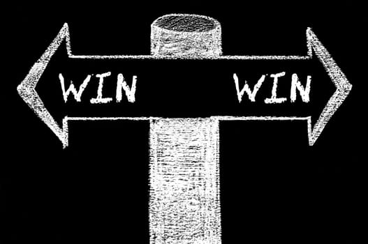 Opposite arrows with Win-Win Solution. Hand drawing with chalk on blackboard. Choice conceptual image