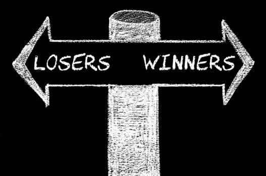 Opposite arrows with Losers versus Winners. Hand drawing with chalk on blackboard. Choice conceptual image