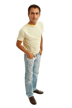 young casual man full body in a white background