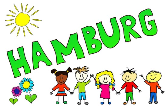 The word HAMBURG is illustrated in a cheerful,childlike and colourful way!
