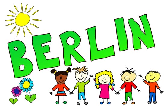 The word Berlin is illustrated in a cheerful,childlike and colourful way!