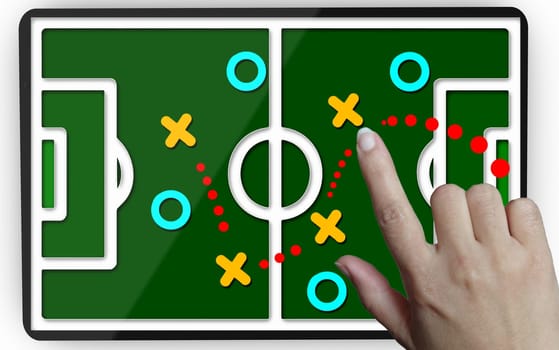Metaphor about the development of a strategy. Hand moving a team on a tablet to reach the goal.