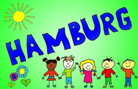 The word HAMBURG is illustrated in a cheerful,childlike and colourful way!