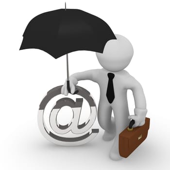 3d business man with an umbrella, web or mail protection concept