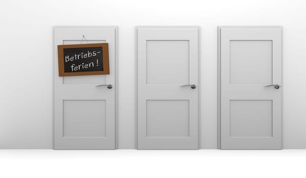 Three closed doors, one door with a blackboard, 3d holiday concept