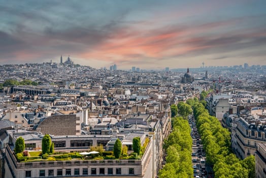 Panoramic View from Arc de Triomphe Notheast to Sacre Coeur Church, Paris, France