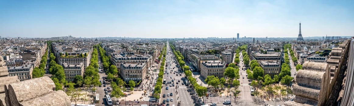 Panoramic View from Arc de Triomphe South East to Sacre Coeur, Louvre Palace and Tour Eiffel, Paris, France