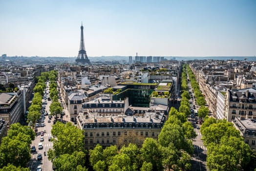 Panoramic View from Arc de Triomphe South to Tour Eiffel, Paris, France