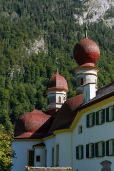 Little Church Saint Bartholomew at Lake Koenigssee in the Bavarian Alps, Germany