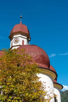 Little Church Saint Bartholomew at Lake Koenigssee in the Bavarian Alps, Germany
