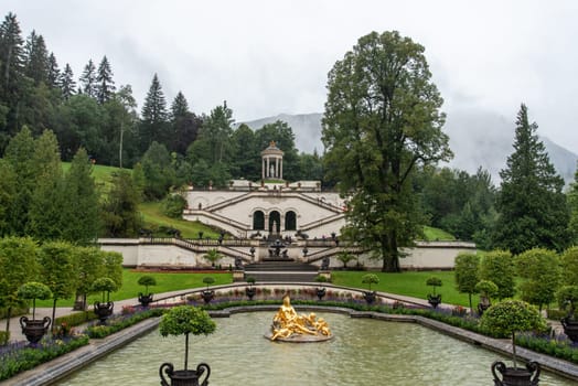 LINDERHOF, GERMANY - SEPTEMBER 22, 2022 - Linderhof Palace and its Park, Main Fountain, Upper Bavaria, Germany