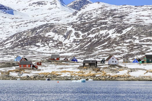 Qoornoq former fishermen village,  with Inuit summer residence cabins in the middle of Nuuk fjord
