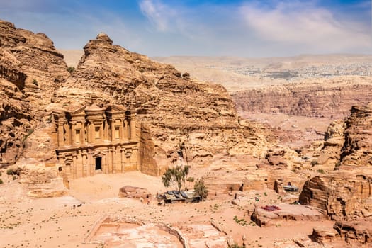 Ad Deir or The Monastery, ancient Nabataean stone carved temple view from above, Petra, Jordan