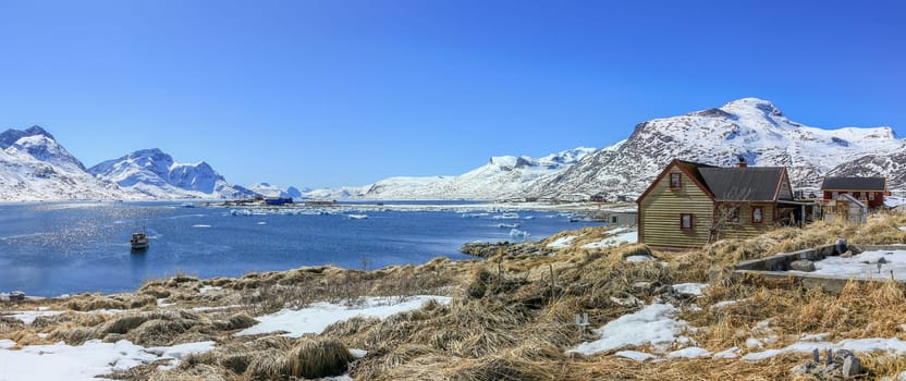 View to the fjord from Qoornoq - former fishermen village, nowdays summer residence in the middle of Nuuk fjord, Greenland