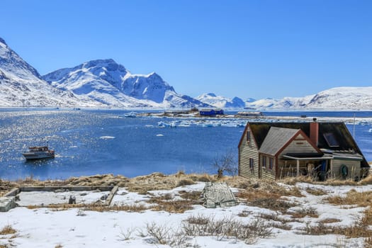 View to the fjord from Qoornoq - former fishermen village, nowdays summer residence in the middle of Nuuk fjord, Greenland
