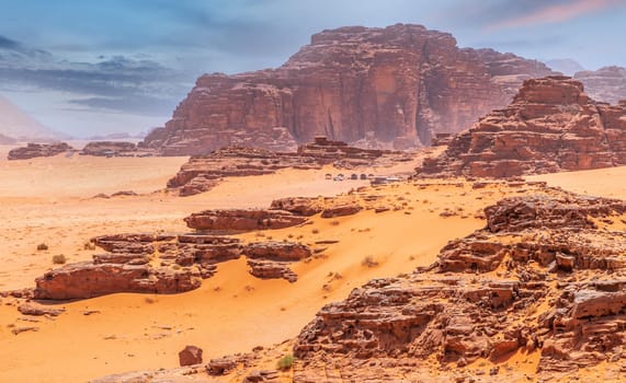 Red sands, mountains and marthian landscape of Wadi Rum desert, Jordan