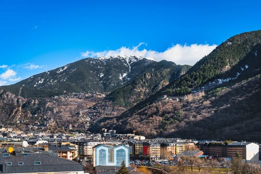 Cityscape of Andorra la Vella capita city of Andorra at the foothill of beautiful Pyrenees Mountain range.