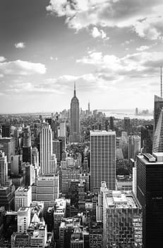 New York City skyline with urban skyscrapers at sunset, USA.