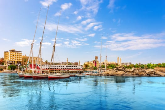 Beautiful sailboats by the bank of the Nile, Aswan, Egypt.