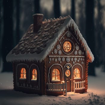 gingerbread house with light in windows in dark snowy forest created with Generative AI technology.