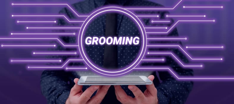 Text caption presenting Grooming, Word Written on hygienic care and enhancing the appearance of the pets