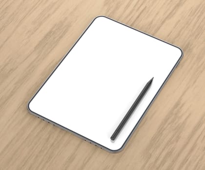 Tablet with digital pen on wooden desk