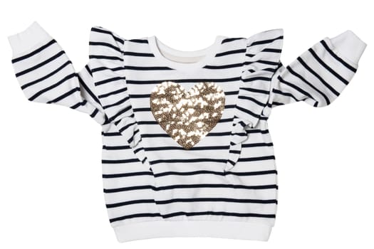 Spring and autumn children clothes. Close-up of a stylish beautiful black and white striped little girl sweater or pullover with a heart isolated on a white background. Kids winter or summer fashion.