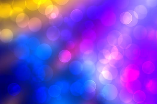 Abstract dark blue gradient pink purple yellow background texture with glitter defocused sparkle bokeh circles and glowing circular lights. Beautiful backdrop with bokeh light effect.