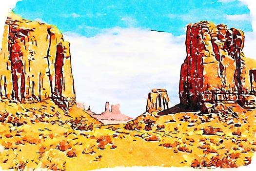 Creative illustration in vintage watercolor design - Monument Valley in USA, red panorama with blue sky