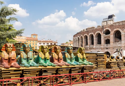 Verona, Italy - June 2022: preparing the stage for the thetre performance in the famous Arena di Verona - Aida spectacle
