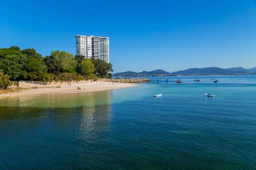 Vigo, Spain - July 27, 2022: People in Samil beach in a summer day, Vigo. Spain