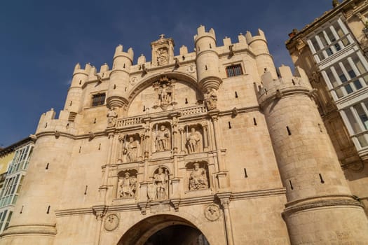 Burgos, Spain - 10 August 2022: Fourteenth century Arch of Santa Maria in Burgos, Spain