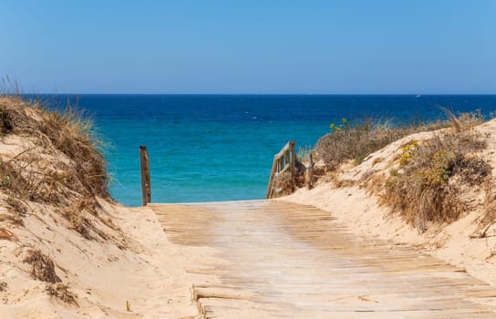 Beach with vegetation and wooden boardwalk. Blue sea, sunny day, Galicia, Spain.