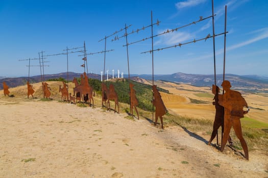 Alto del Perdon, Navarre, Spain: 22 August 2022: Wrought iron pilgrims monument erected by the Friends of the Way of Navarre in 1996 on the Mount of Forgiveness
