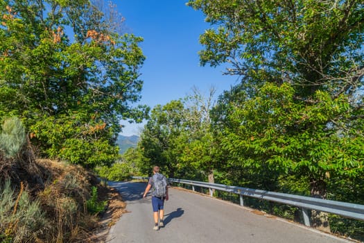 Navarre, Spain, 26 August, 2022: Pilgrim walk along the Camino De Santiago, the Way of St. James pilgrimage route, Navarra, Spain.