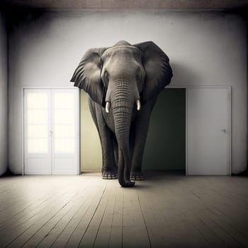 Big elephant standing in an empty room, animal concept, metaphorical idiom for important or enormous topic, illustration, generative ai