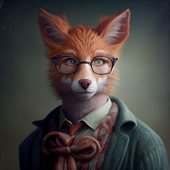 Surreal hybrid creature, half fox, half man in mythologie, wearing a sweater, jacket and eyeglasses, illustration, generative AI